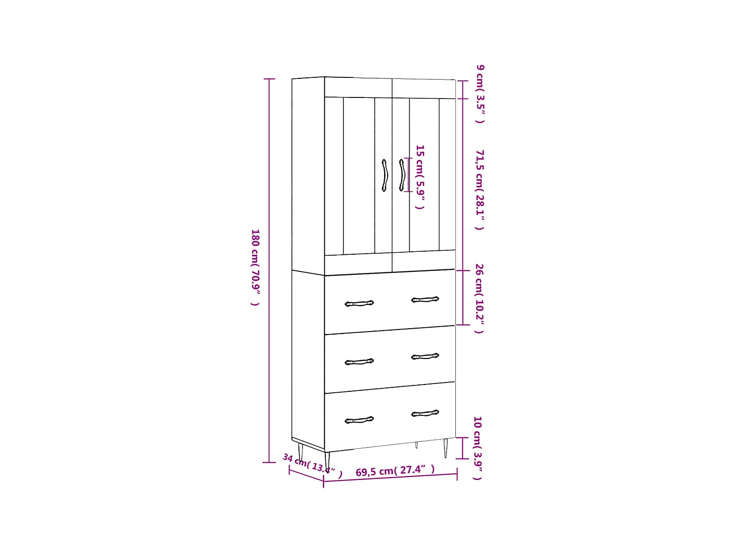 Buffet haut Sonoma gris 69,5x34x180 cm Bois d'ingénierie