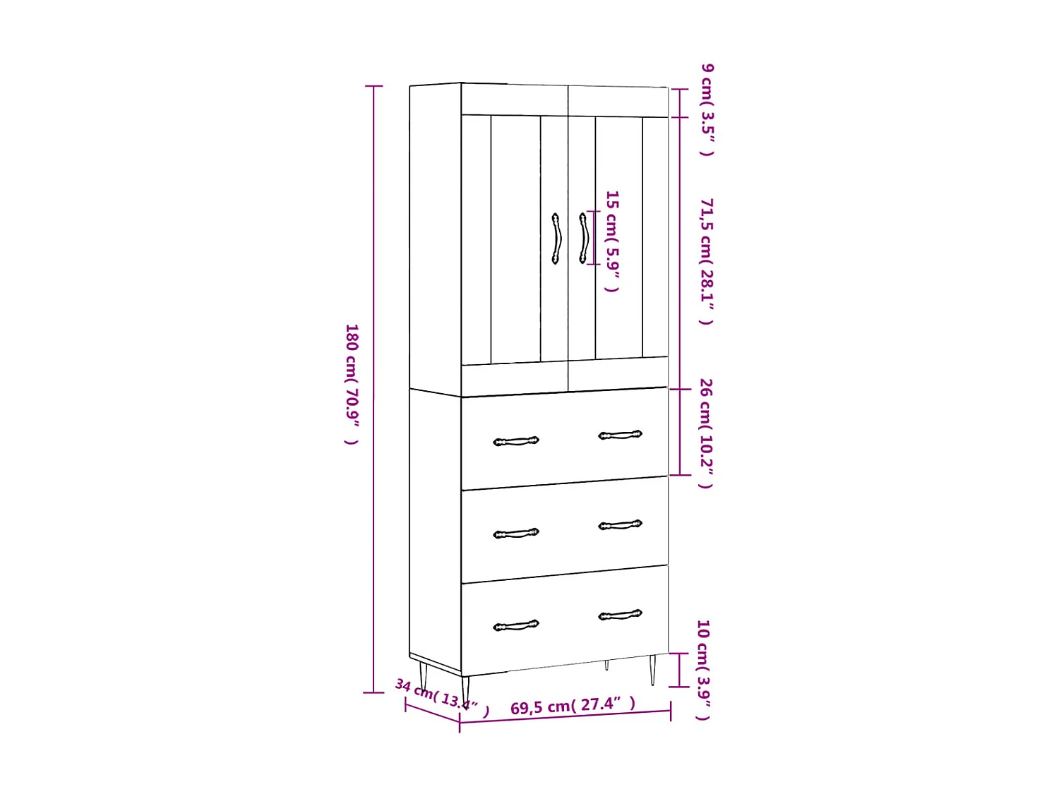 Hoge kast 69,5x34x180 cm bewerkt hout grijs sonoma eikenkleurig