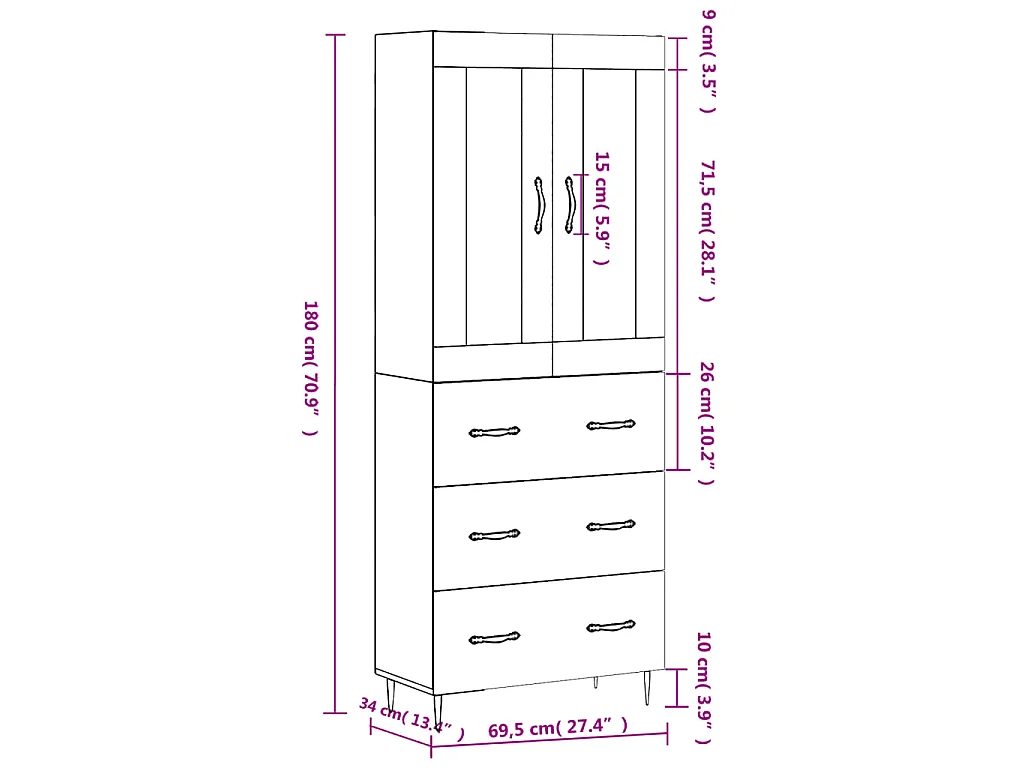 Buffet haut Sonoma gris 69,5x34x180 cm Bois d'ingénierie