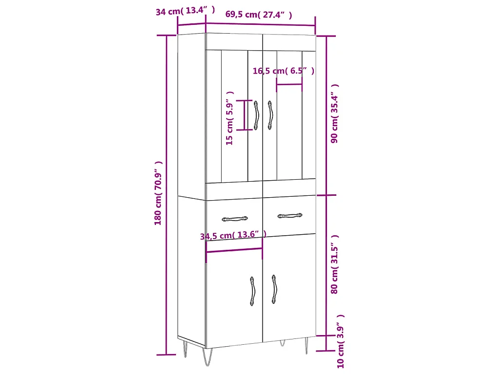 Hoge kast 69,5x34x180 cm bewerkt hout gerookt eikenkleurig
