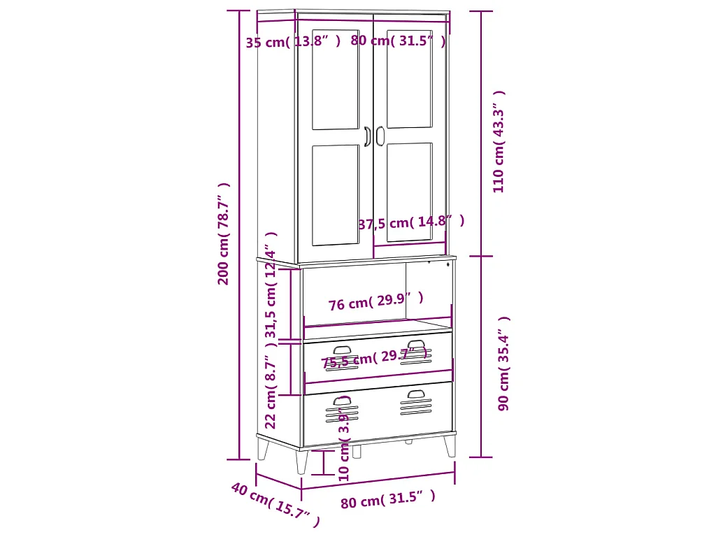 Credenza VIKEN Nera 80x40x200 cm in Legno Massello di Pino