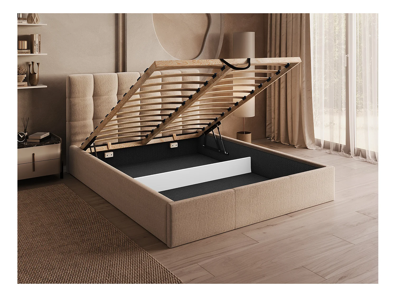 Lit coffre 180 x 200 cm - Velours - Beige + Matelas - MIRDAL de Pascal Morabito