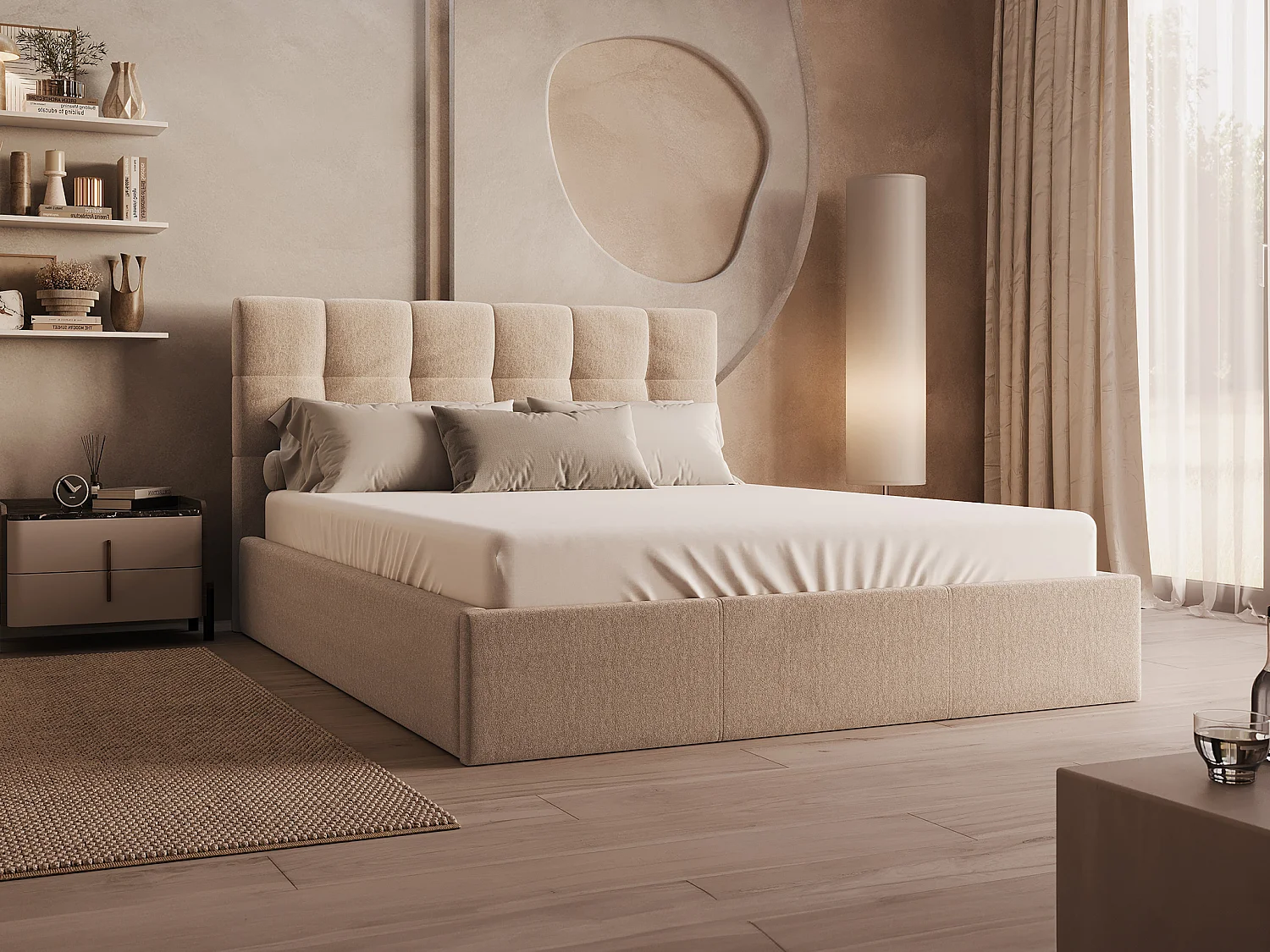 Lit coffre 180 x 200 cm - Velours - Beige + Matelas - MIRDAL de Pascal Morabito