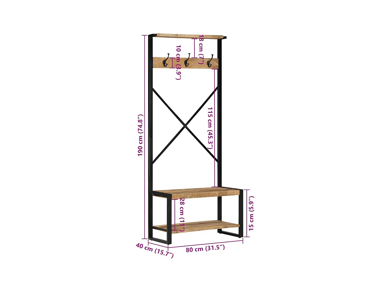 Kleiderständer 80x40x190 cm Raues Massivholz Mango