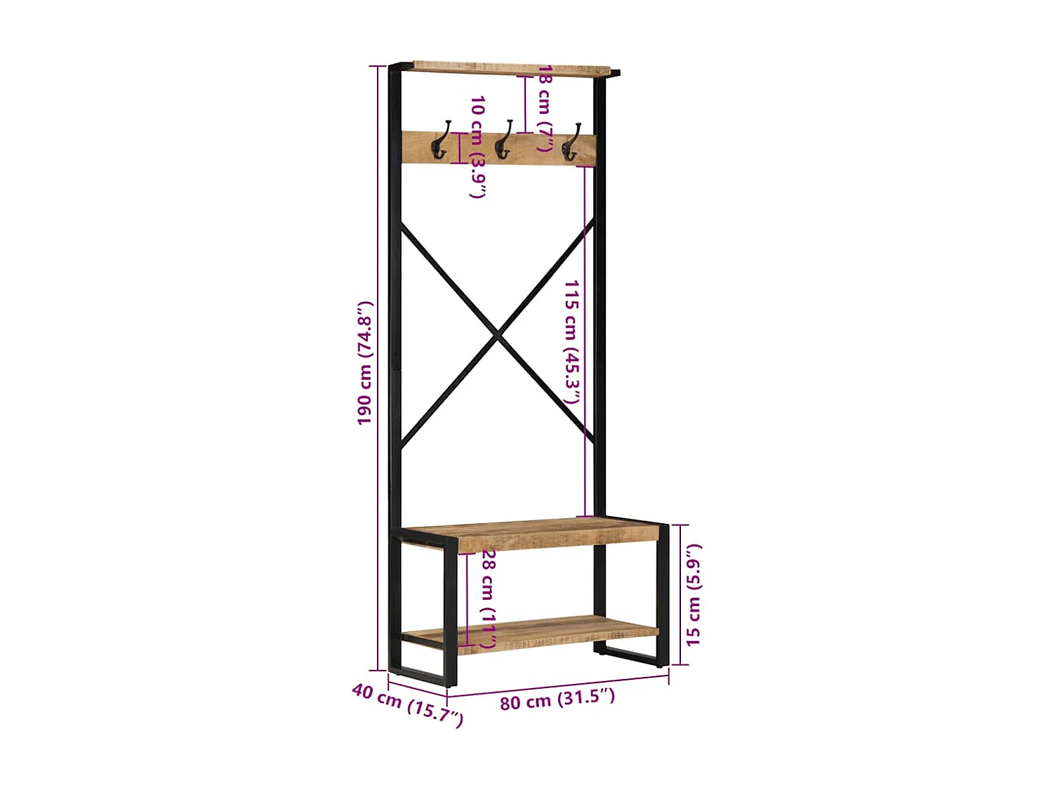 Porte-vêtements 80x40x190 cm bois de manguier massif brut