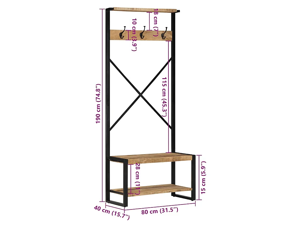 Kleiderständer 80x40x190 cm Raues Massivholz Mango