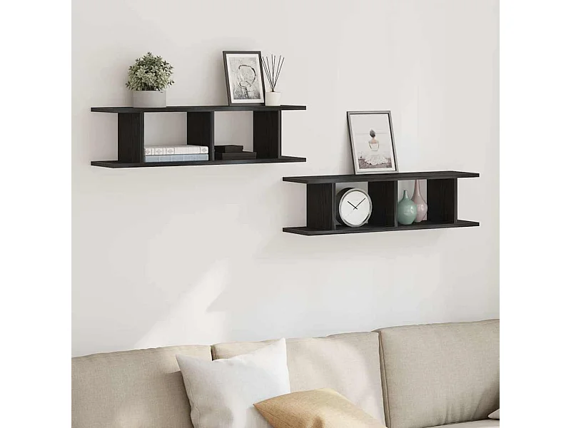 Wandplanken 2 st 75x18x20 cm spaanplaat zwart eikenkleurig