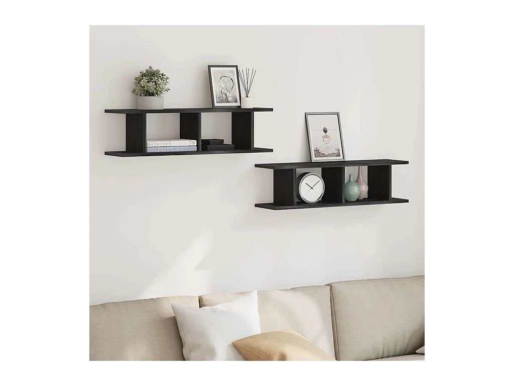 Wandplanken 2 st 75x18x20 cm spaanplaat zwart eikenkleurig