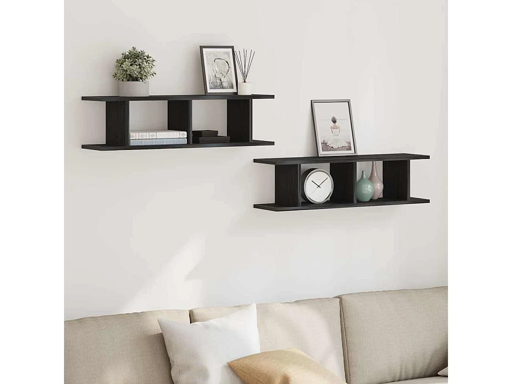 Wandplanken 2 st 75x18x20 cm spaanplaat zwart eikenkleurig