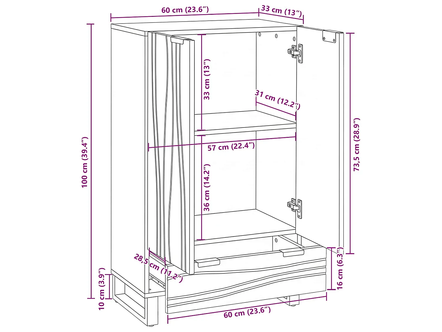 Highboard Bruin 60 x 33 x 100 cm massief mangohout