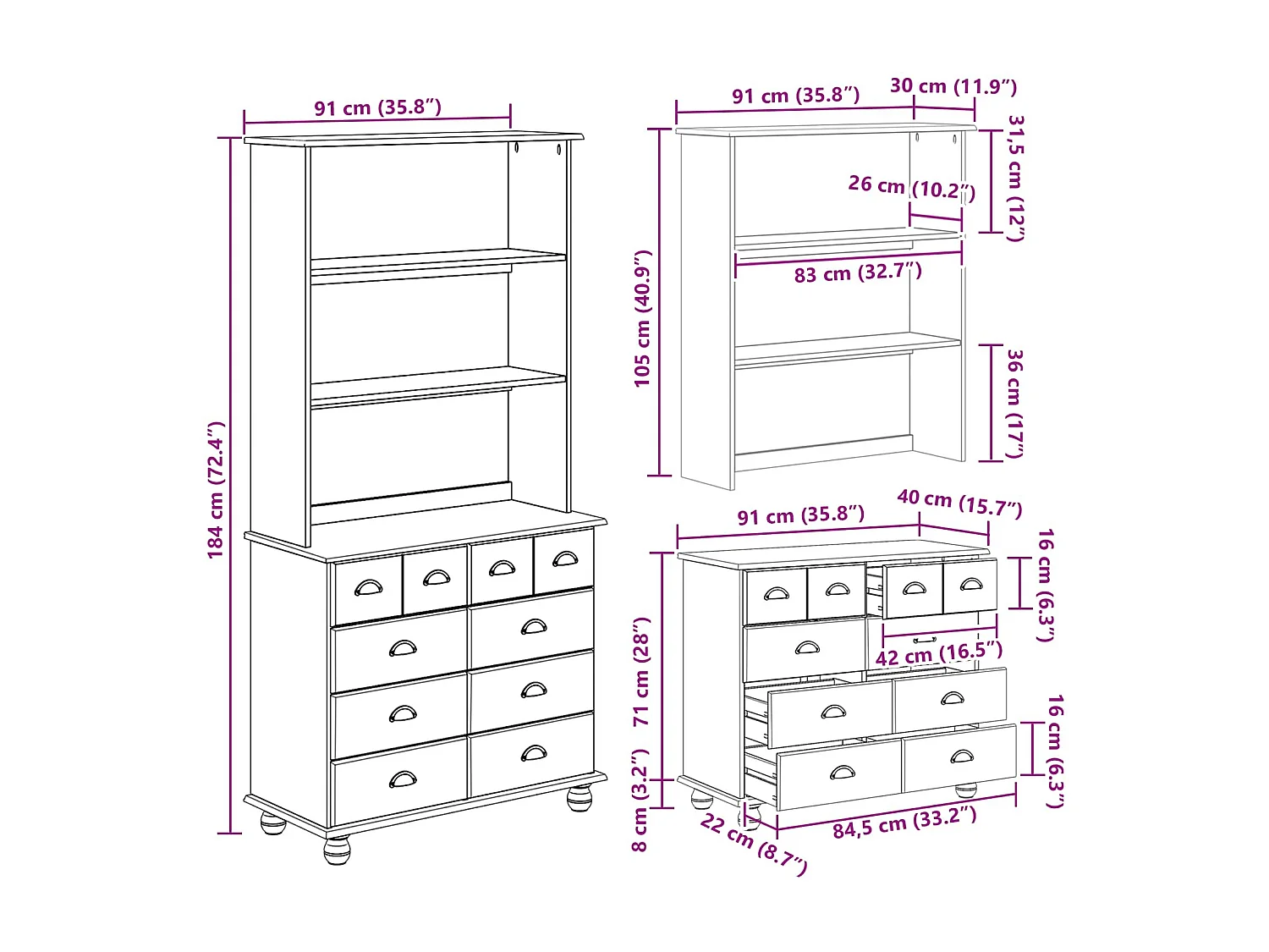 Hutch met lade ASKIM Wit 91 x 40 x 184 cm Massief grenenhout