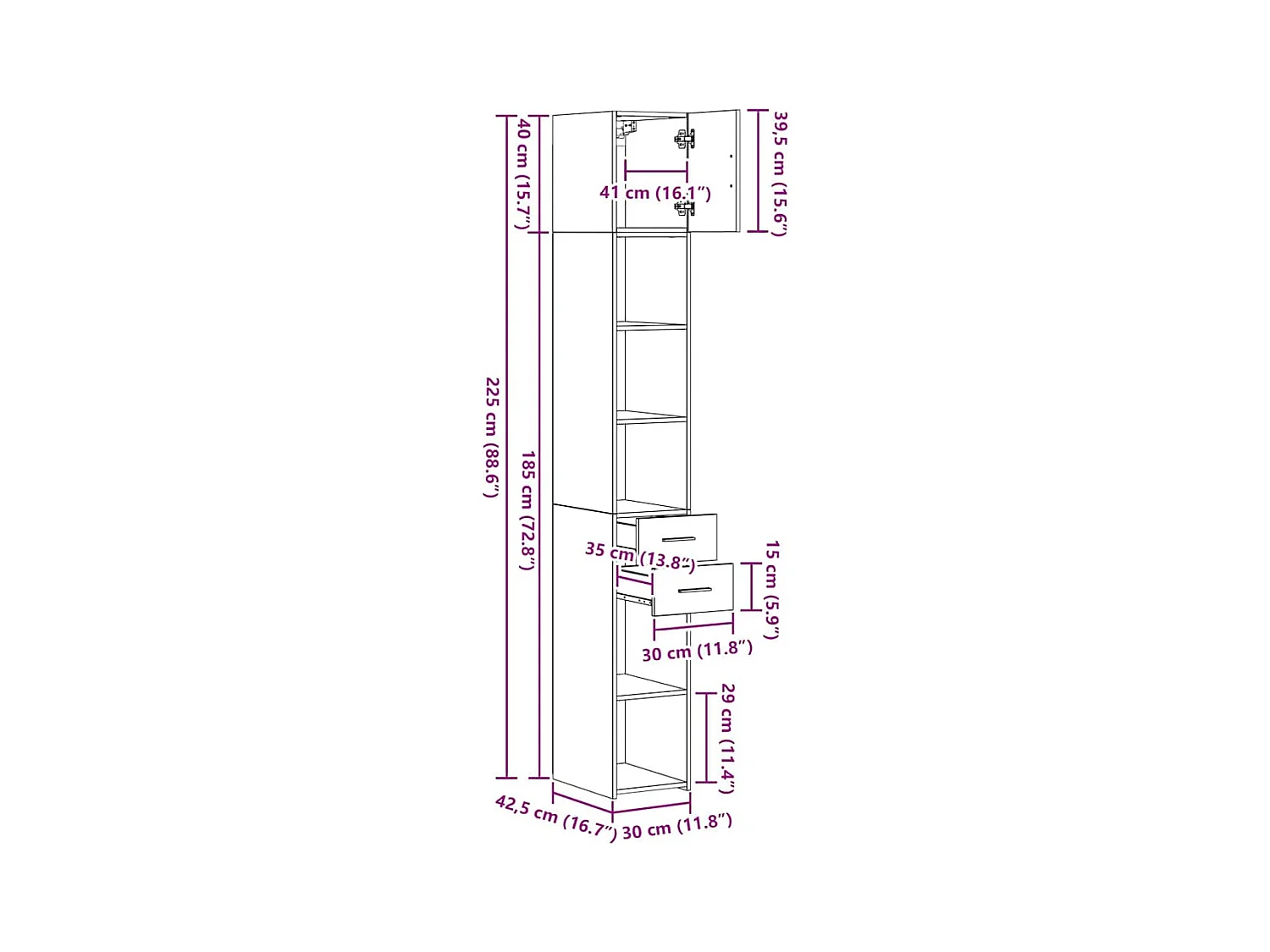 Schlanker Stauraum Schrank Artisan-Eiche 30 x 42.5 x 225 cm