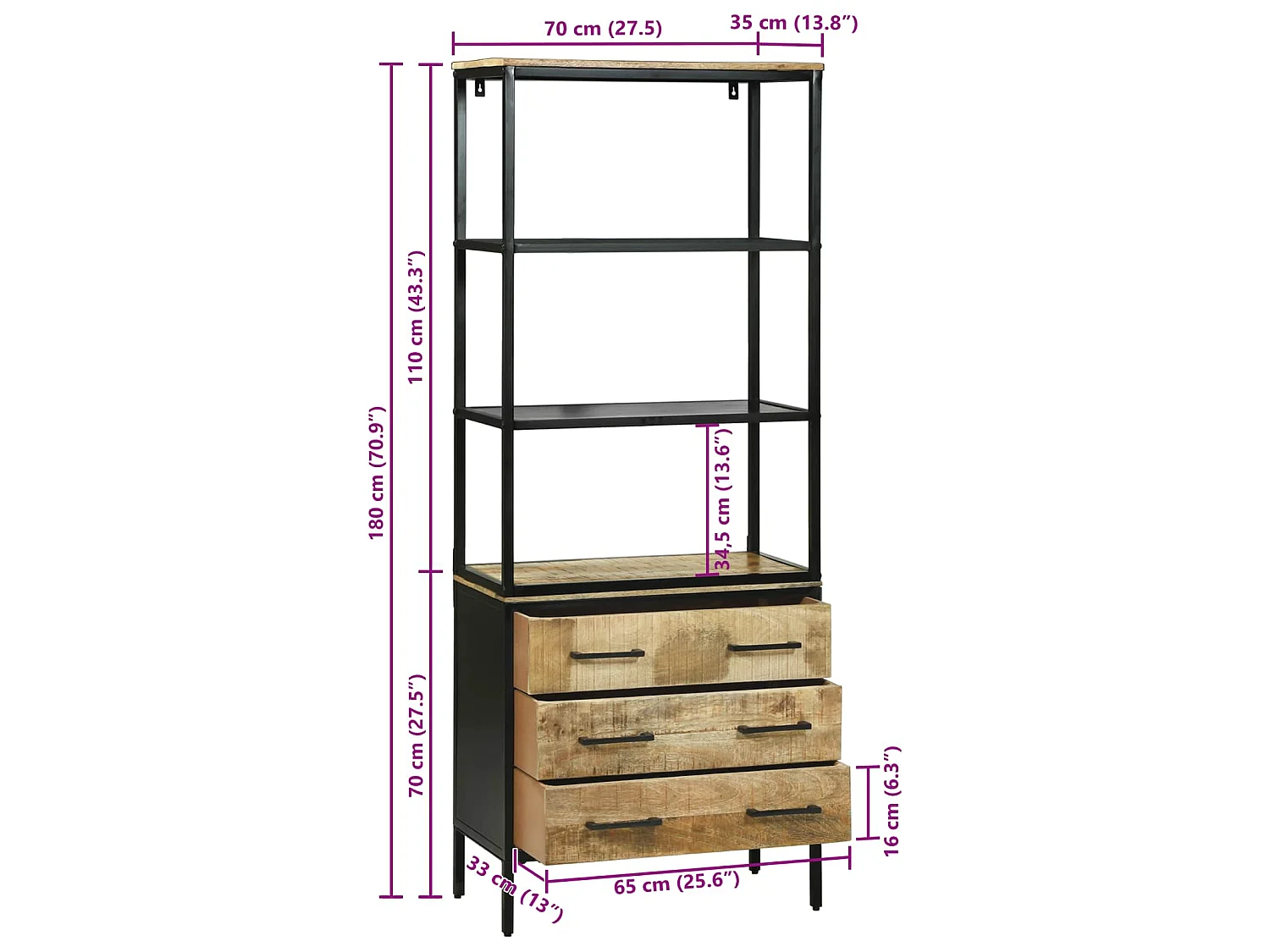 Haut Armoire Marron 70 x 35 x 180 cm Bois de mangue massif