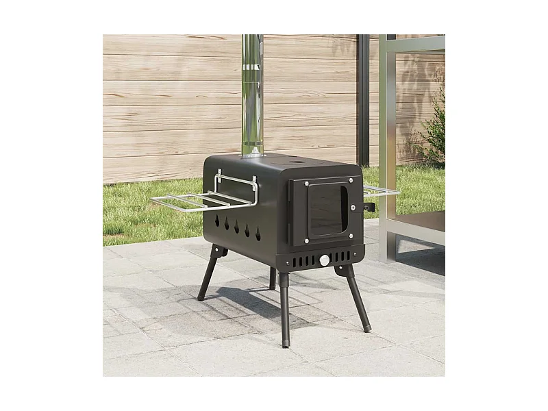 Poêle à bois de tente et cheminée et pieds pliables noir acier