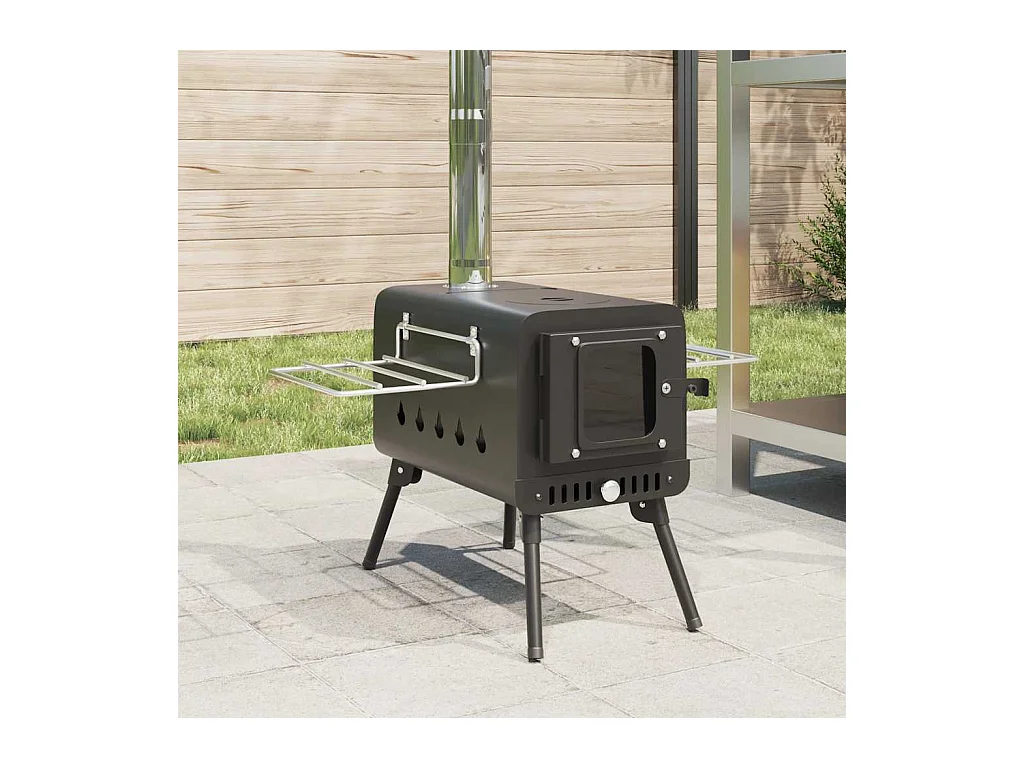 Poêle à bois de tente et cheminée et pieds pliables noir acier