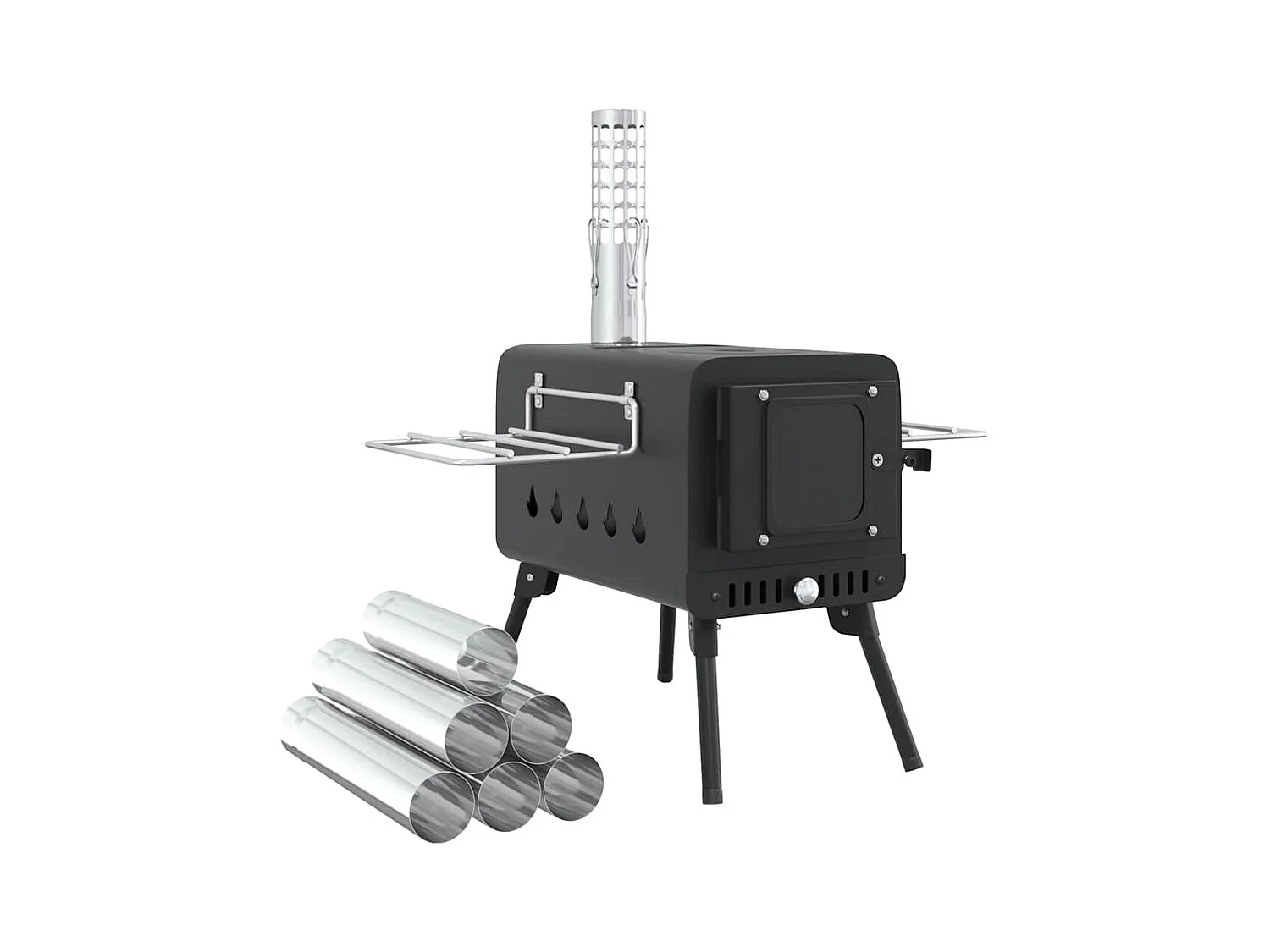 Poêle à bois de tente et cheminée et pieds pliables noir acier