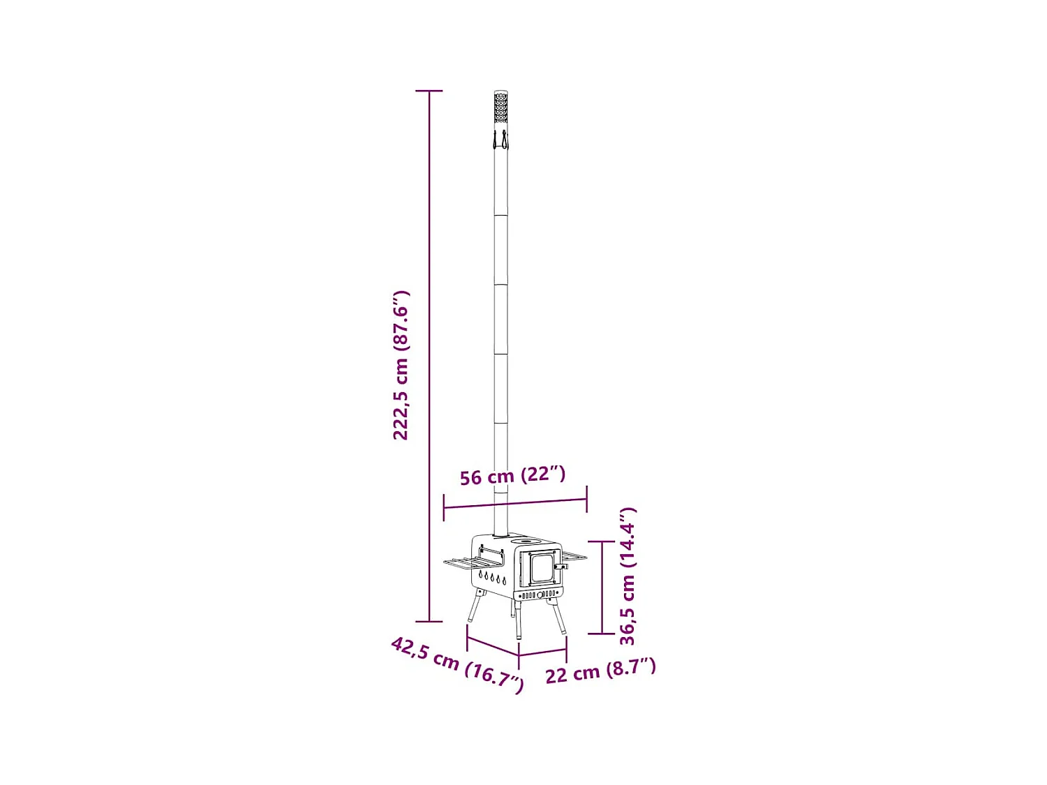 Poêle à bois de tente et cheminée et pieds pliables noir acier