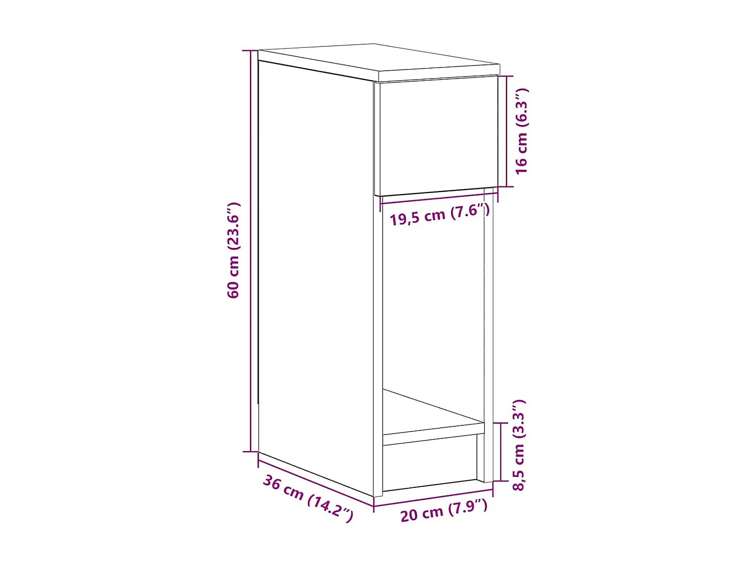 Comodino con Cassetto Rovere Nero 20x36x60 cm
