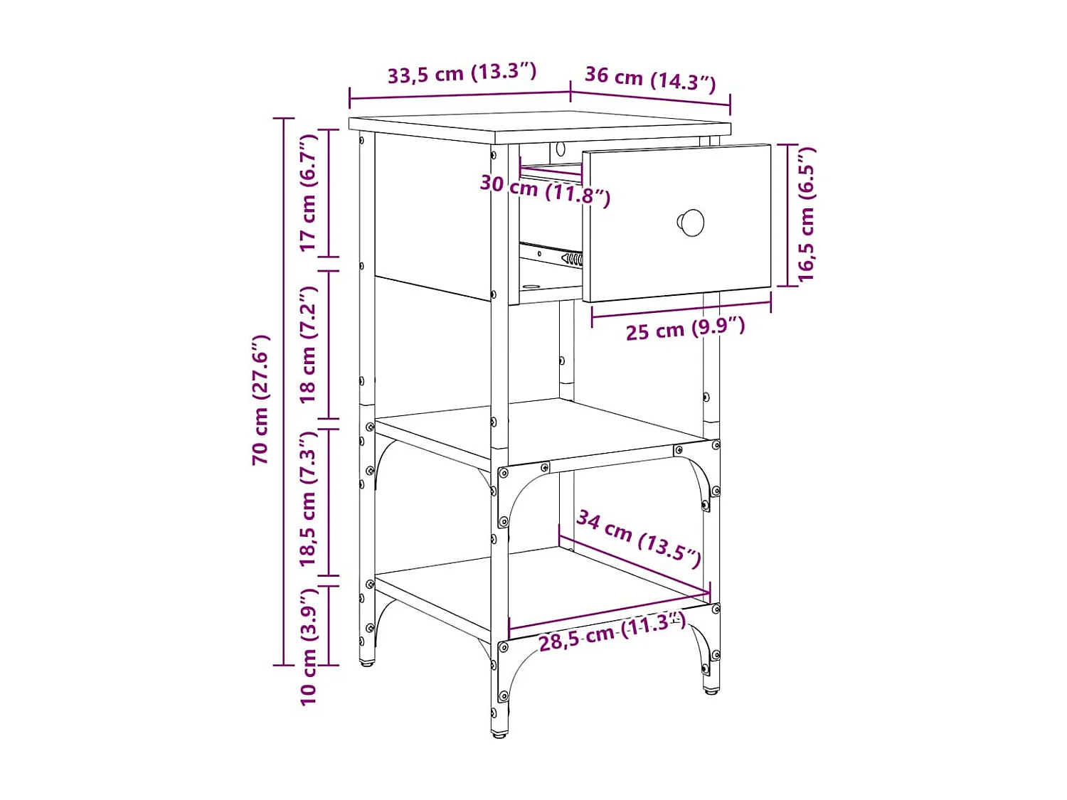 Mobiletto da Notte con cassetto Legno vecchio 34 x 36 x 70 cm