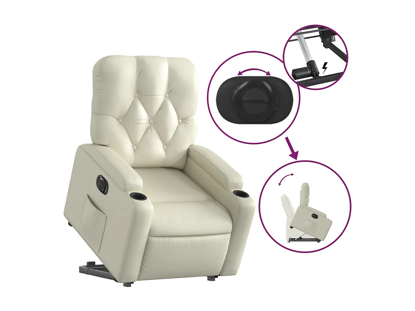 Sillón reclinable elevable eléctrico de cuero sintético crema