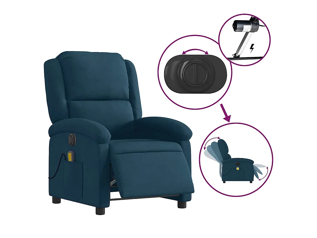 Poltrona Massaggiante Reclinabile Elettrica Blu in Velluto