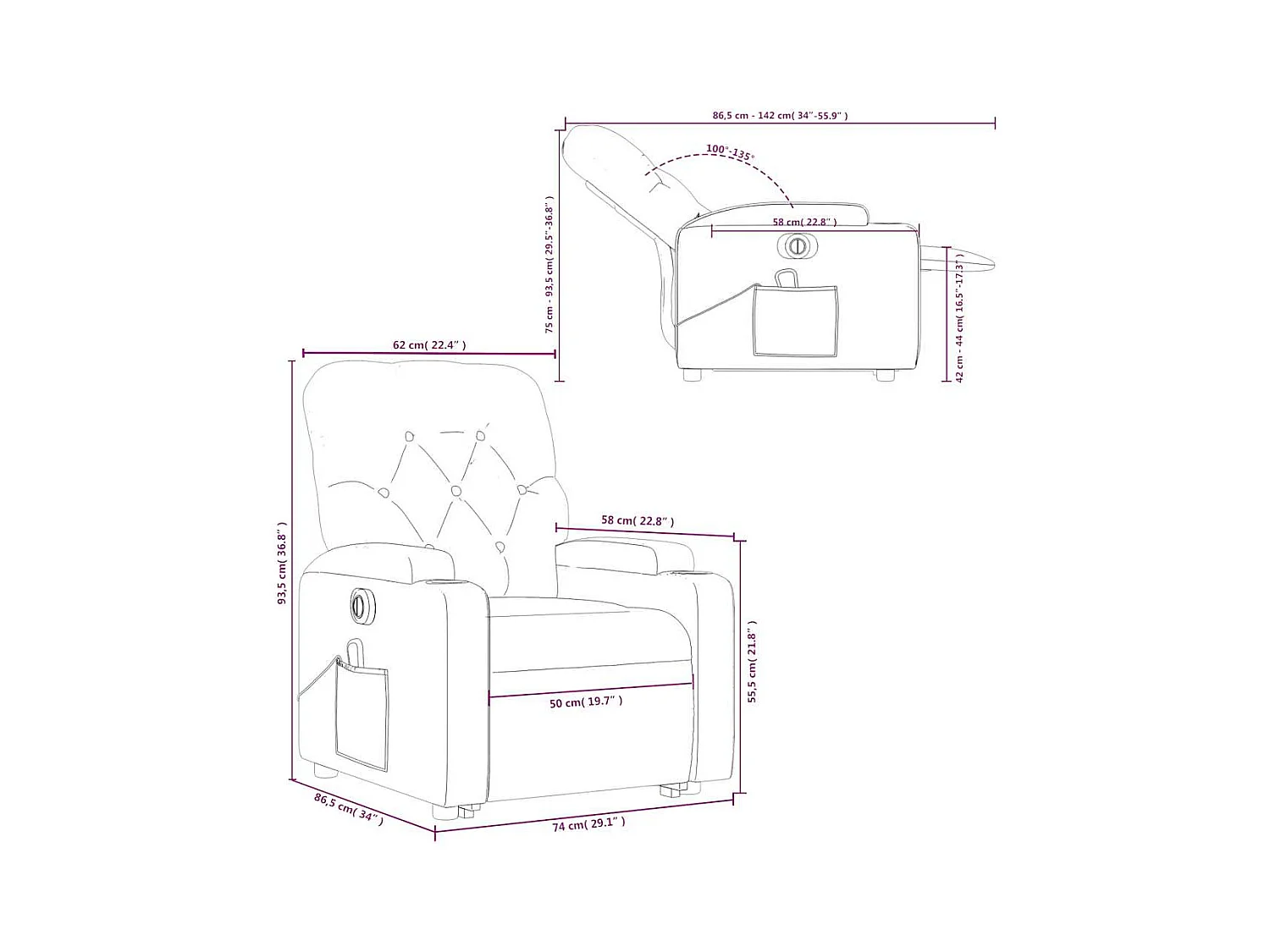 Fauteuil inclinable de massage électrique Marron foncé Tissu