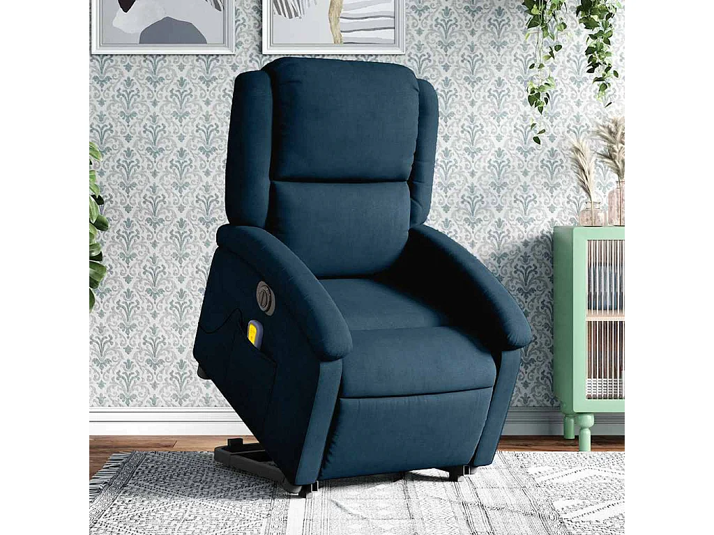 Poltrona Alzapersona Massaggi Reclinabile Elettrica Blu Velluto