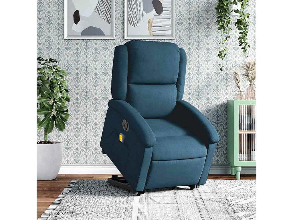 Poltrona Alzapersona Massaggi Reclinabile Elettrica Blu Velluto