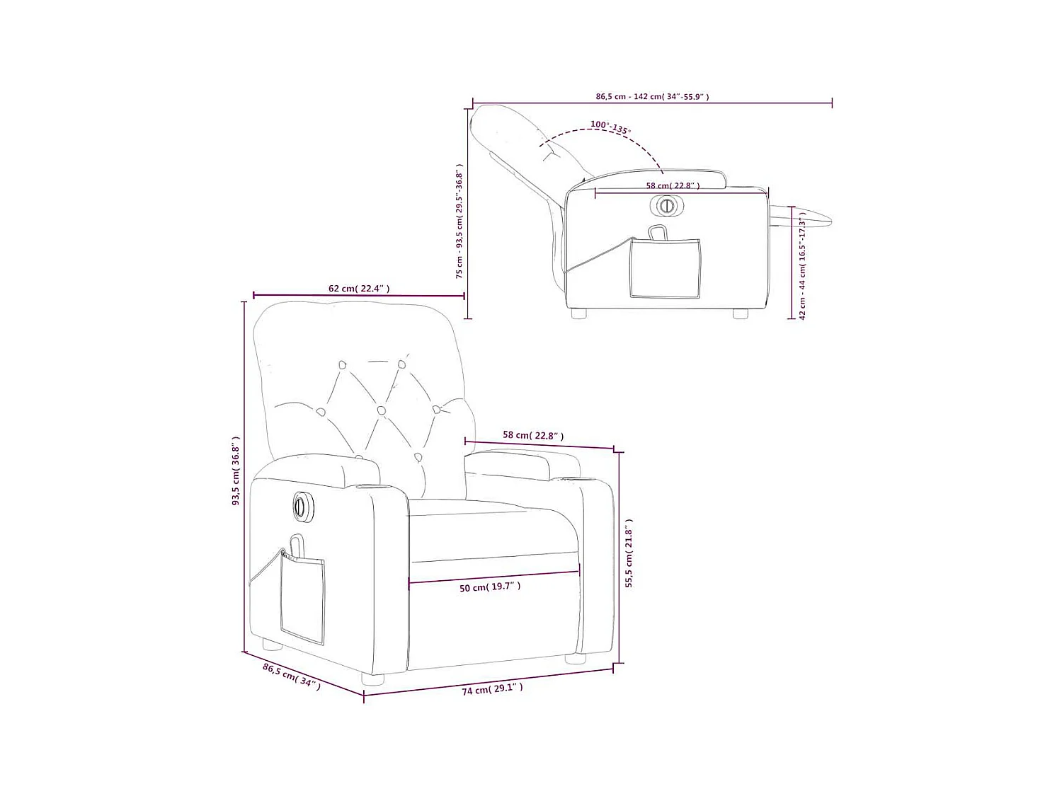 Fauteuil de massage inclinable électrique Marron foncé Tissu