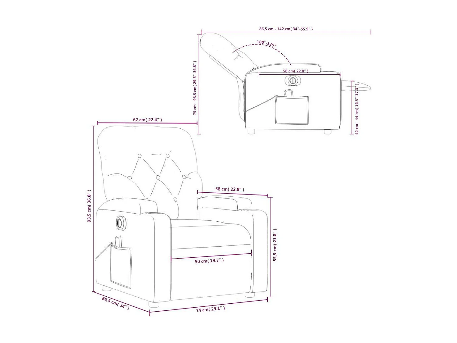 Fauteuil de massage inclinable électrique Marron foncé Tissu