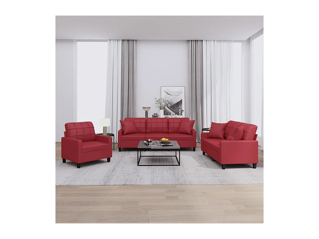 Ensemble de canapés 3 pcs et coussins rouge bordeaux similicuir