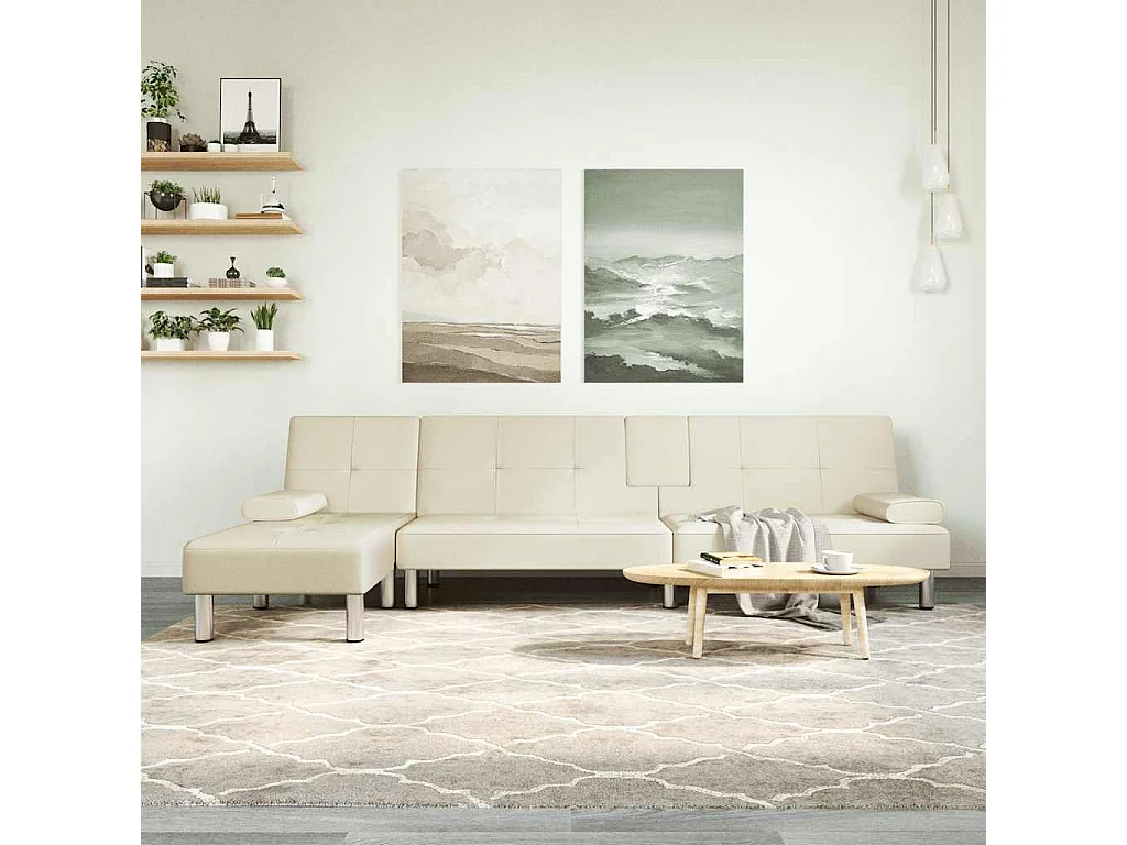 Sofá-cama em forma de L 255x140x70 cm couro artificial creme