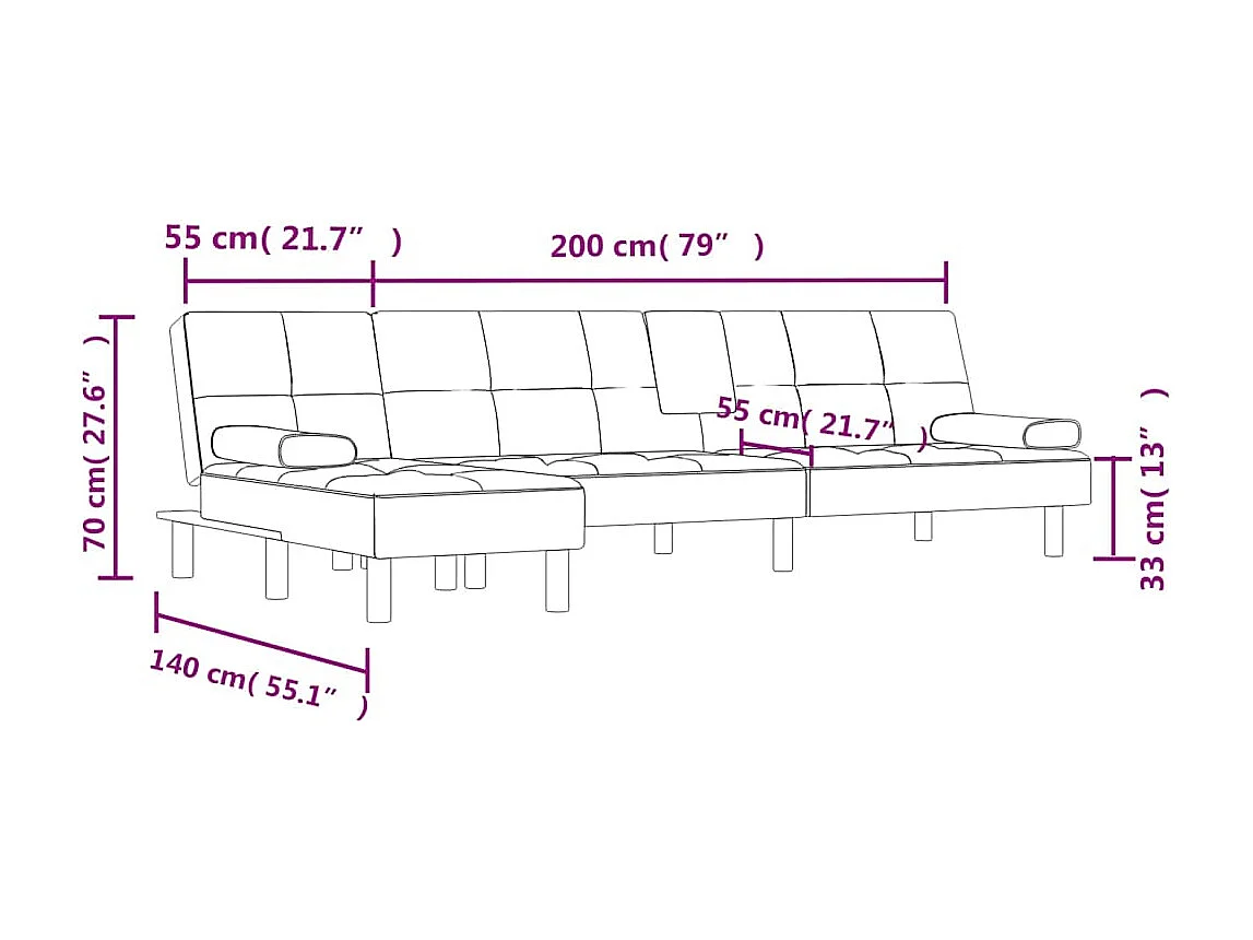Sofá-cama em forma de L 255x140x70 cm couro artificial creme
