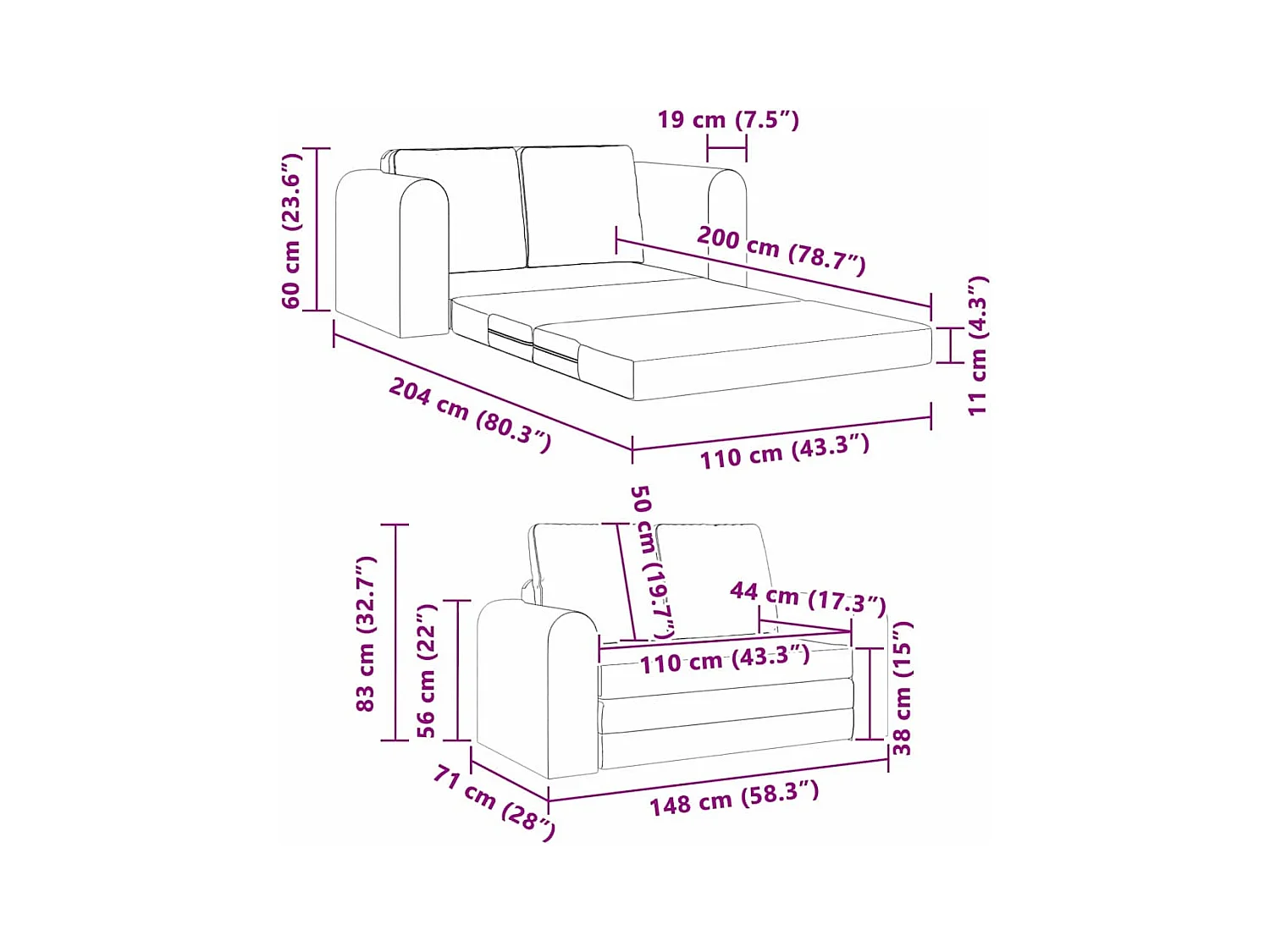 Canapé-Lit Noir 148 x 71 x 83 cm Velours