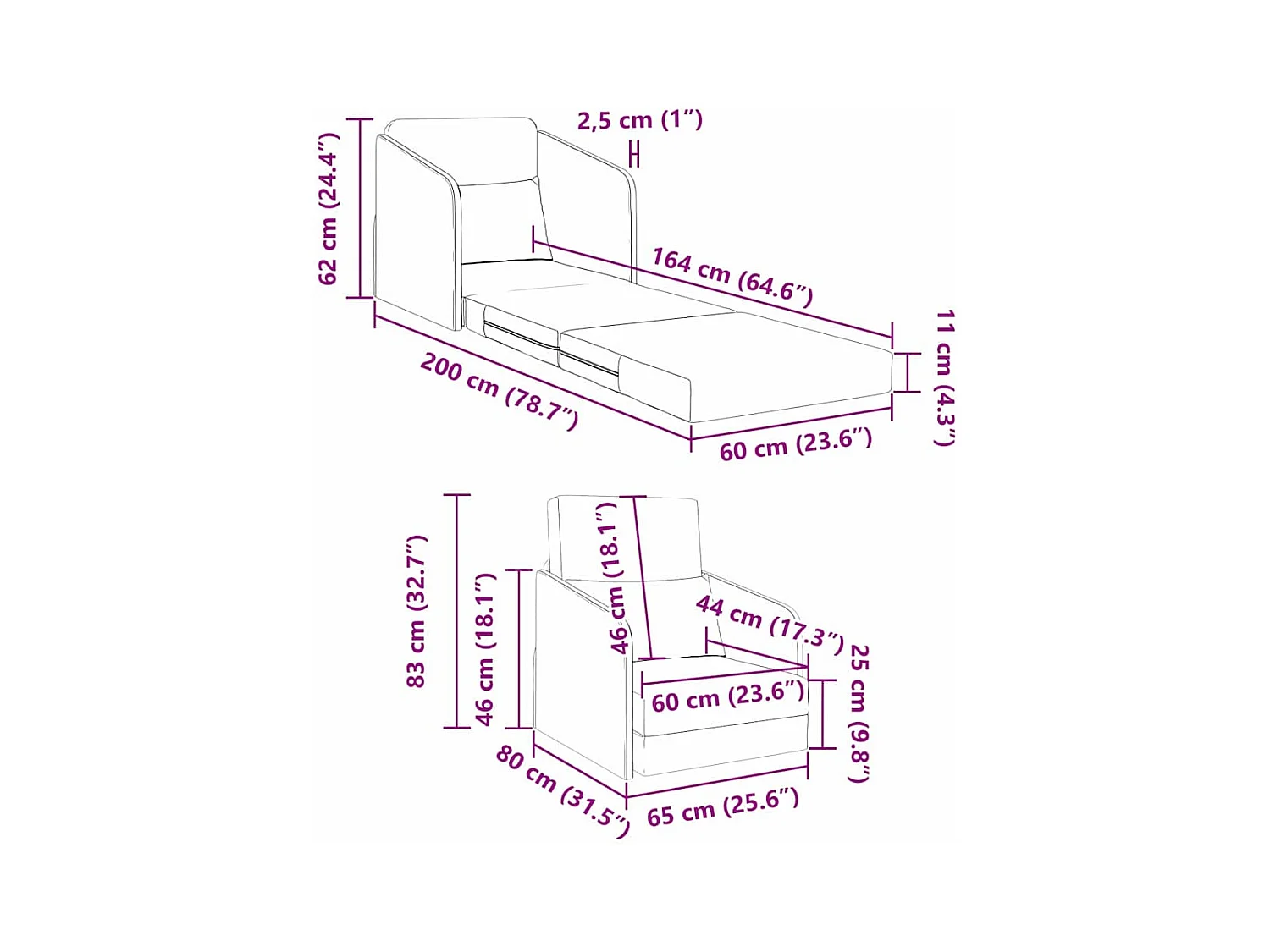 Canapé-Lit Gris clair 65 x 80 x 83 cm Velours