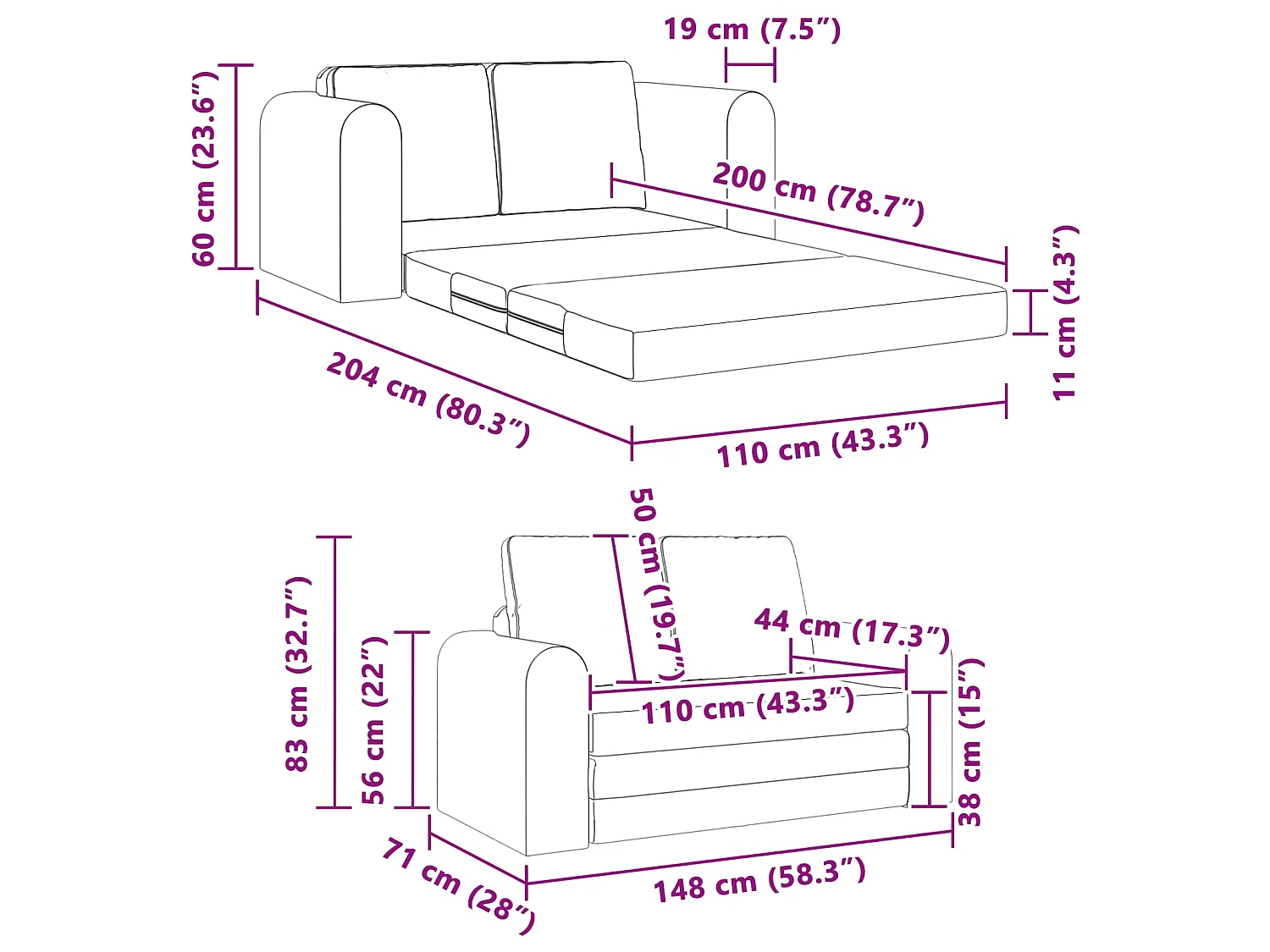 Divano letto 60cm Giallo Scuro Tessuto