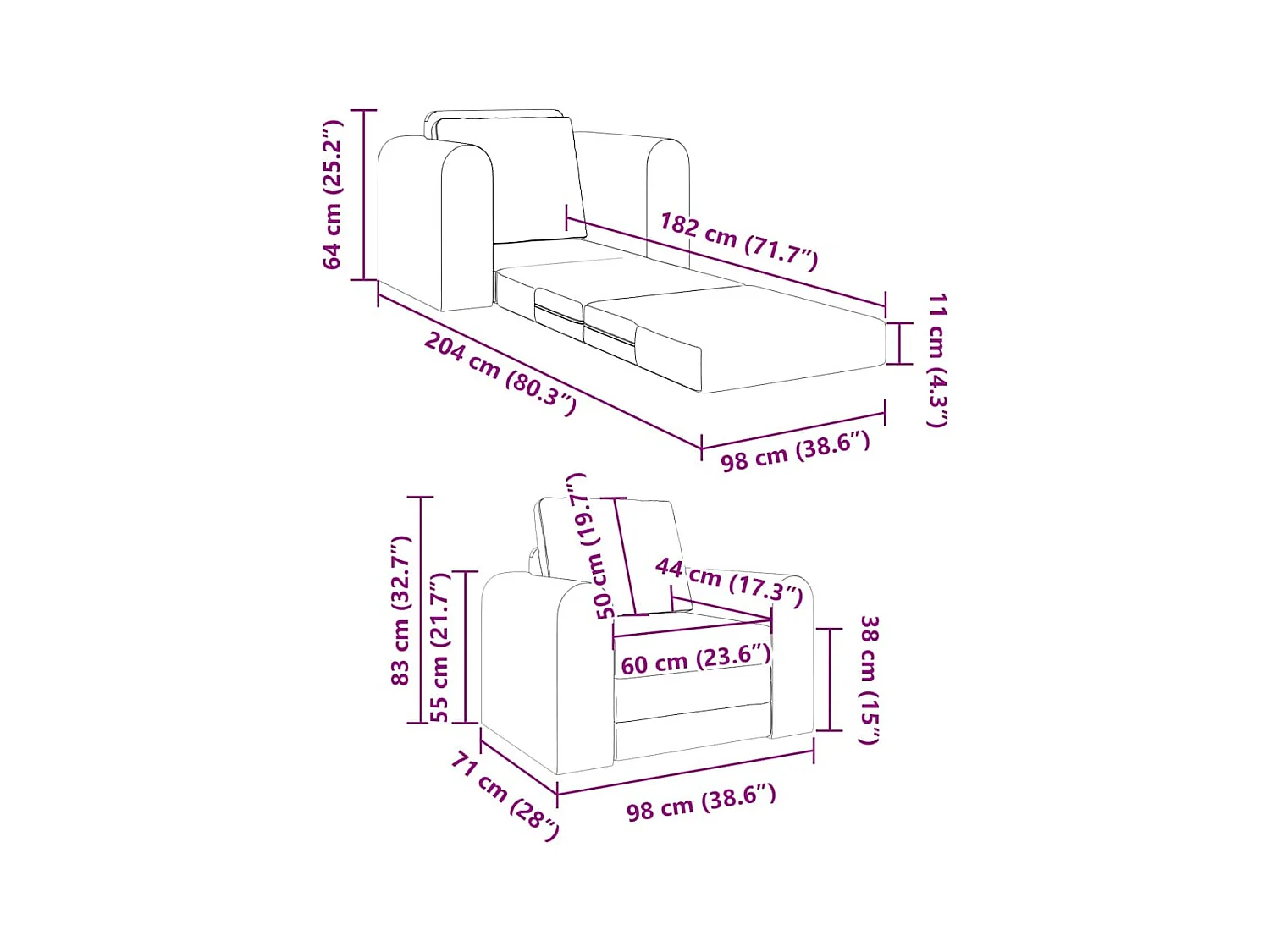 Sofa Bett Schwarz 98 x 71 x 83 cm Stoff