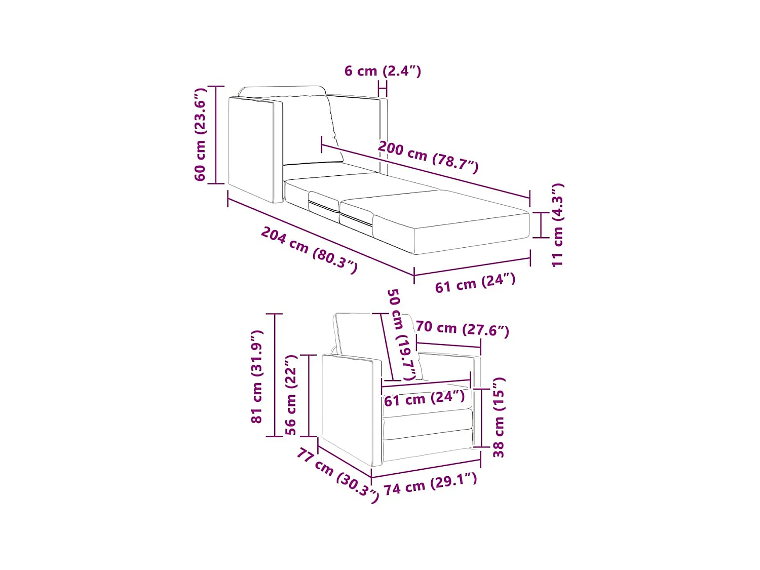 Canapé-lit avec coussin Bleu 74 x 77 x 81 cm tissu