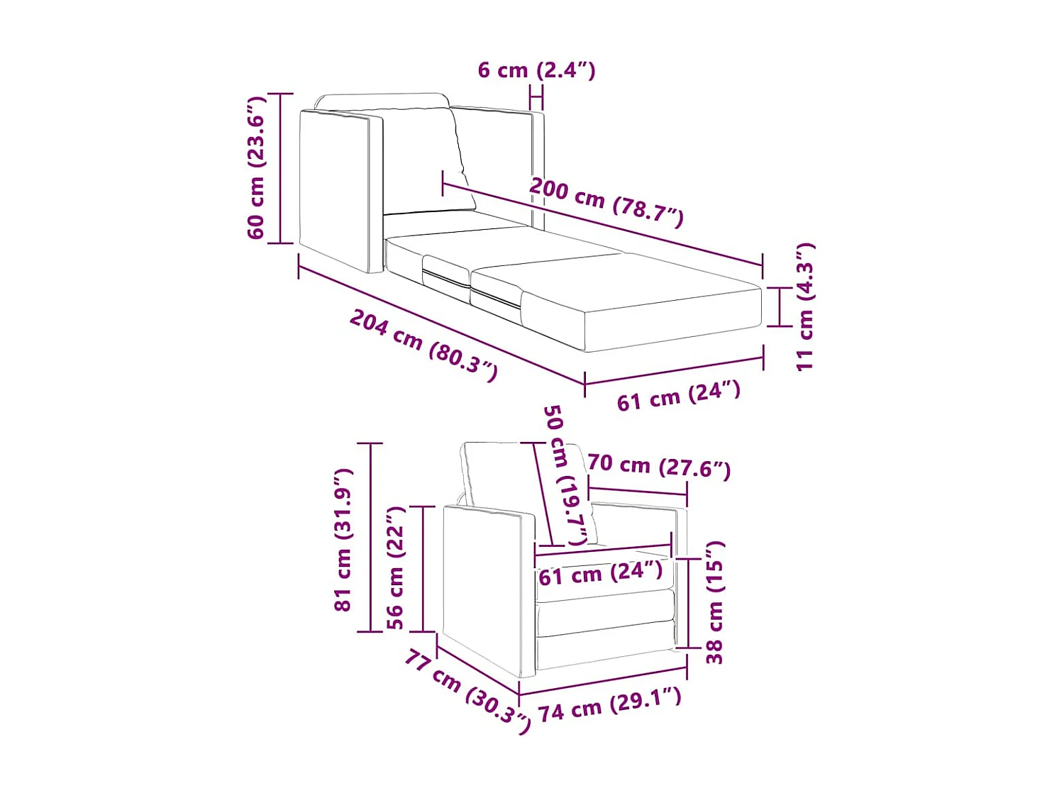 Sofá-Cama Azul 74 x 77 x 81 cm tecido
