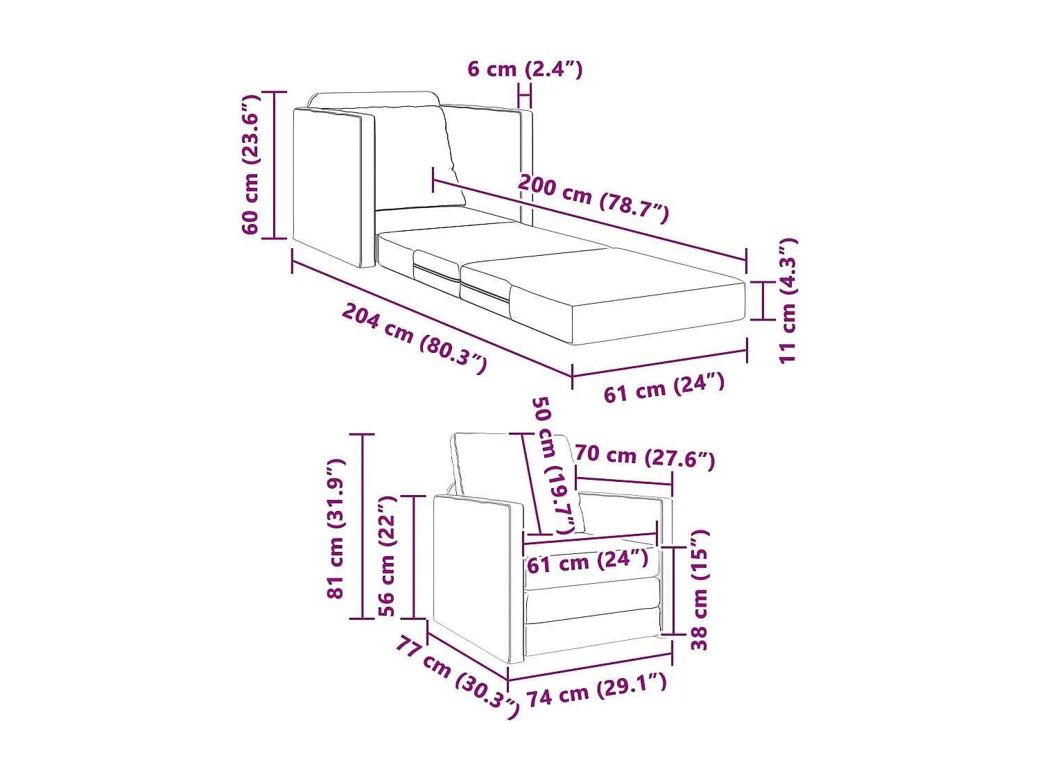 Canapé-Lit 60cm Bleu tissu
