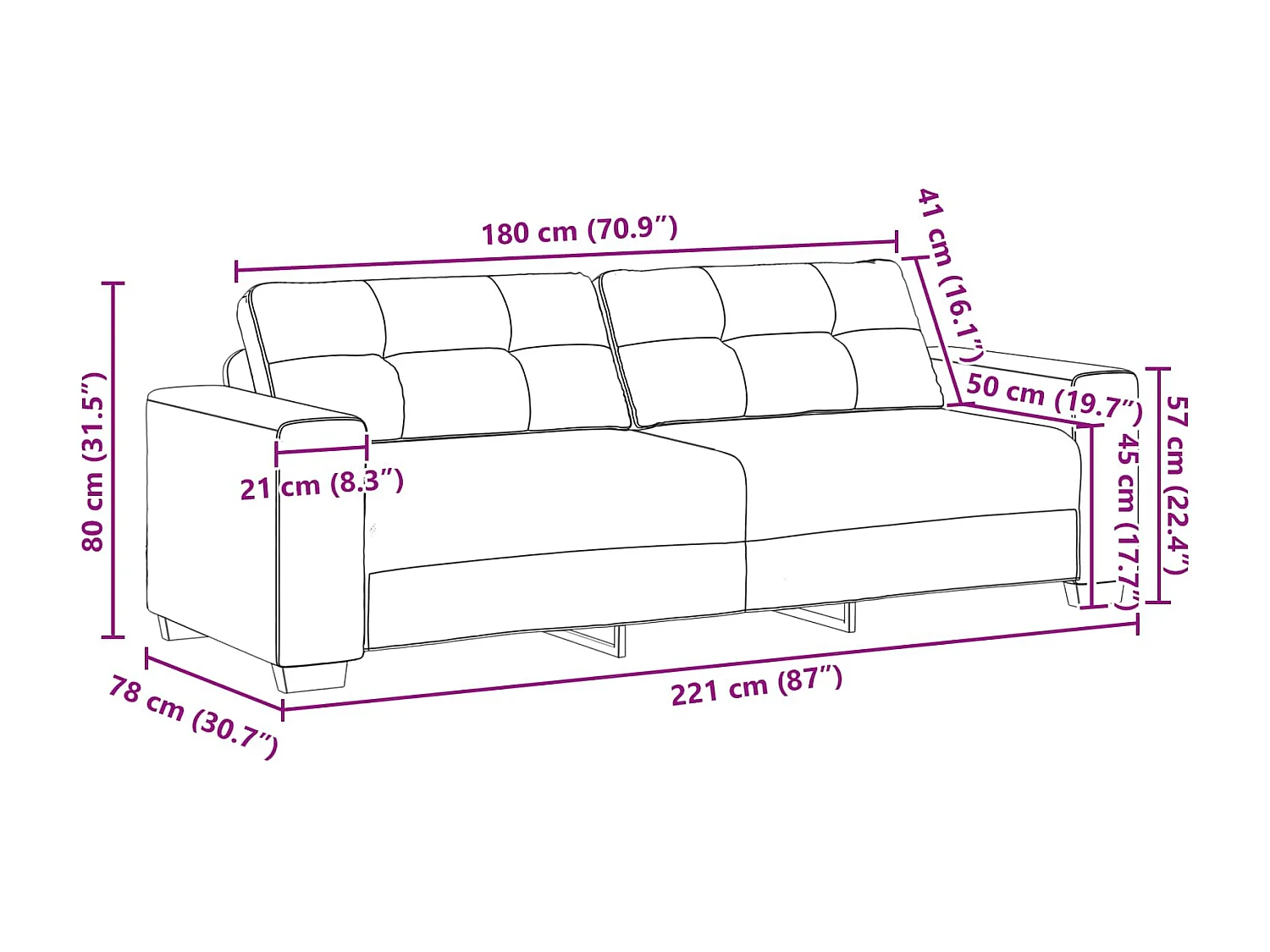 Canapé Gris foncé 221 x 80 x 80 cm tissu