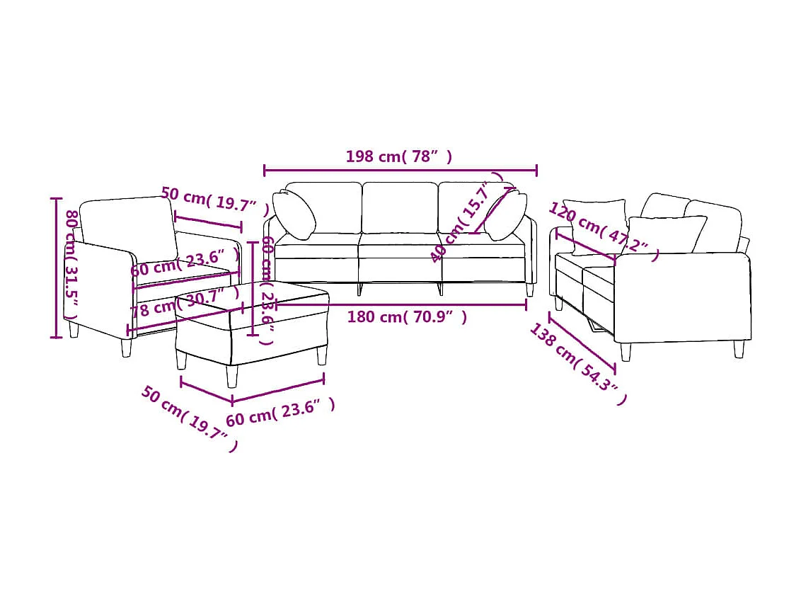 Ensemble de canapés 4 pcs avec coussins rouge bordeaux tissu