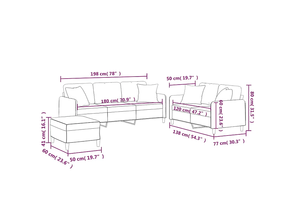 Ensemble de canapés 3 pcs avec coussins rouge bordeaux tissu