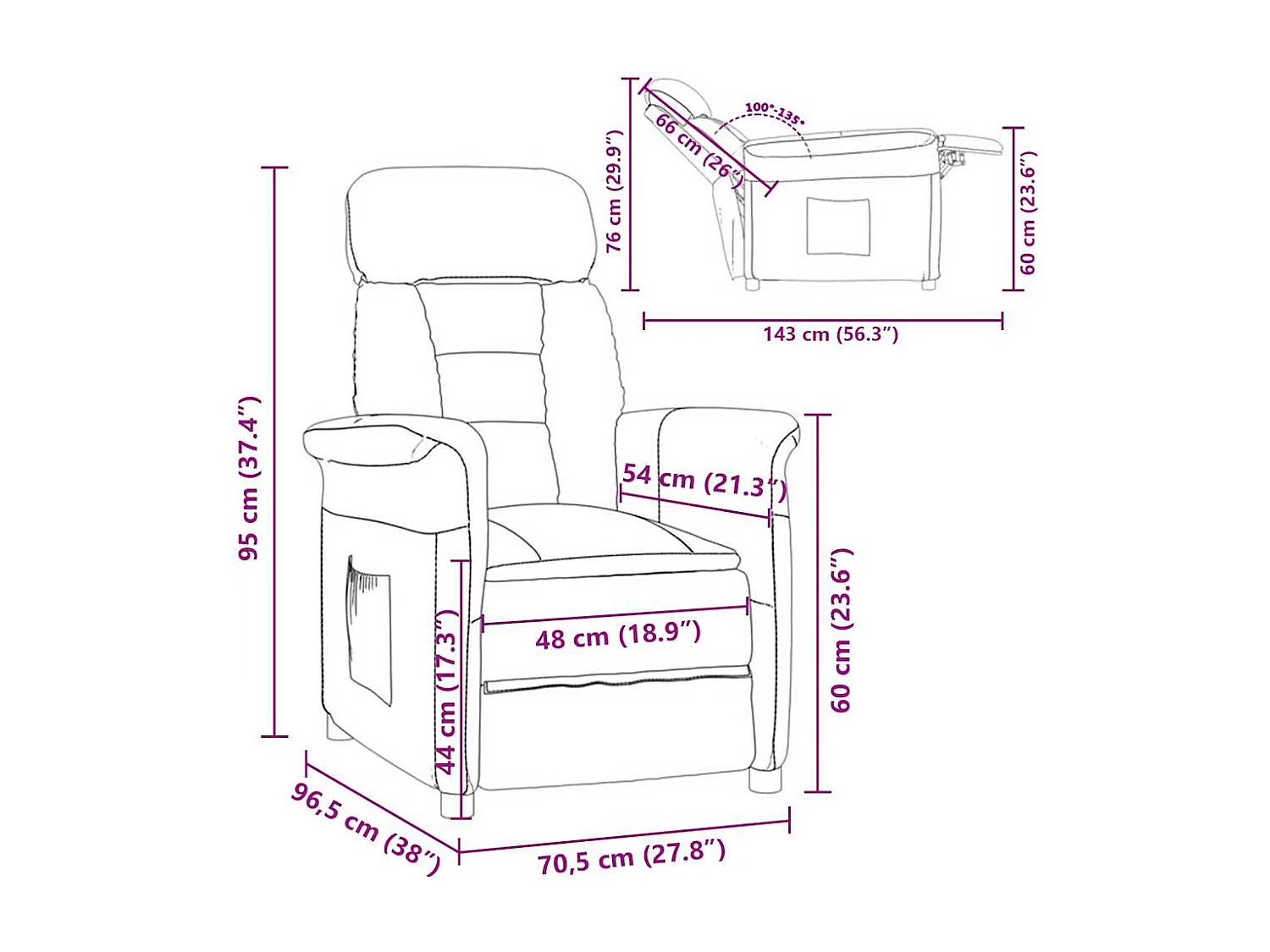 Recliner Stuhl Schwarz Schwarz 70.5 x 96.5 x 95 cm Kunstleder