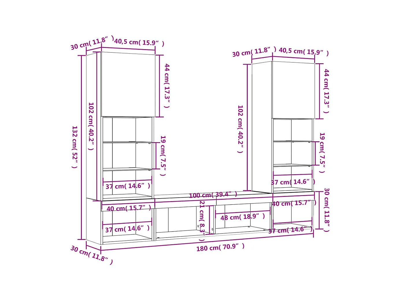 Unités murales TV avec LED 5 pcs gris béton bois d'ingénierie