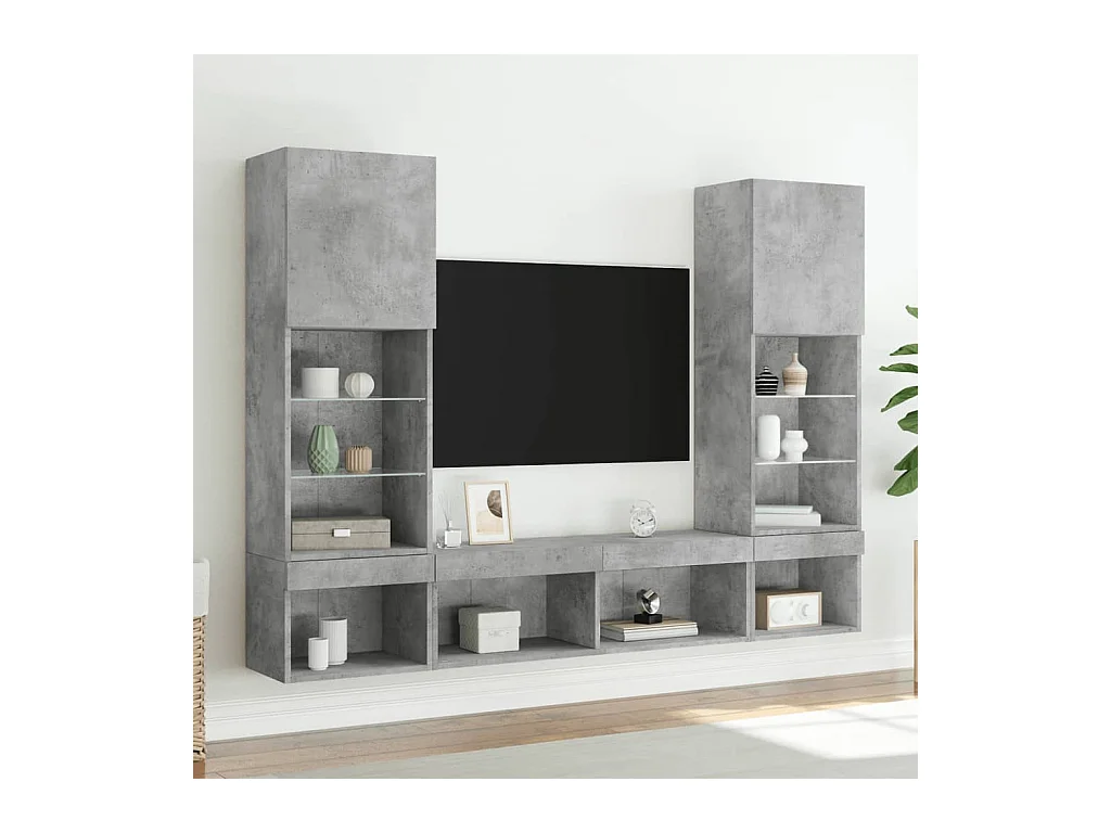 Unités murales TV avec LED 5 pcs gris béton bois d'ingénierie