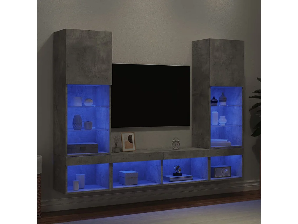 Mobili TV a Muro con LED 5pz Grigio Cemento Legno Multistrato