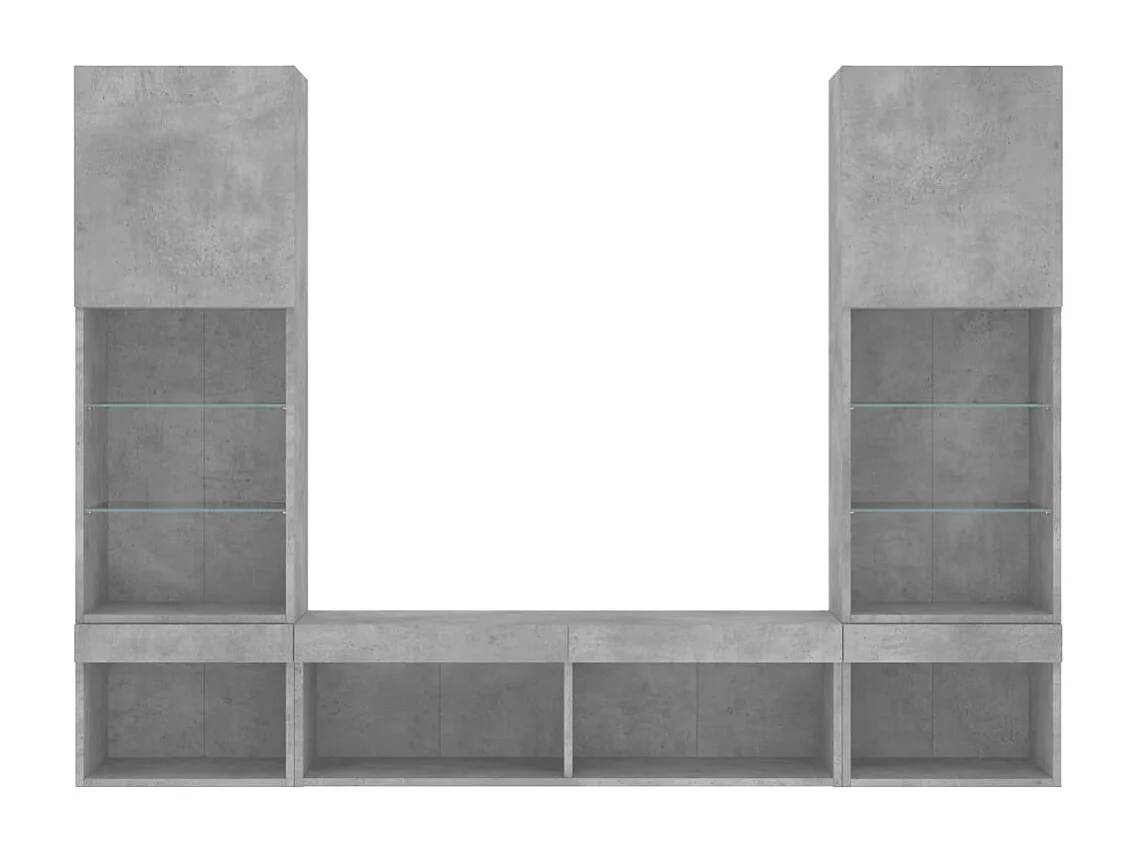 Mobili TV a Muro con LED 5pz Grigio Cemento Legno Multistrato