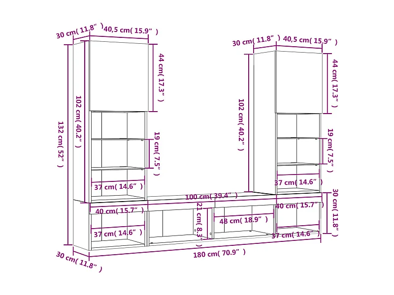 5 pcs móveis parede p/ TV c/ LEDs deriv. madeira cinza cimento