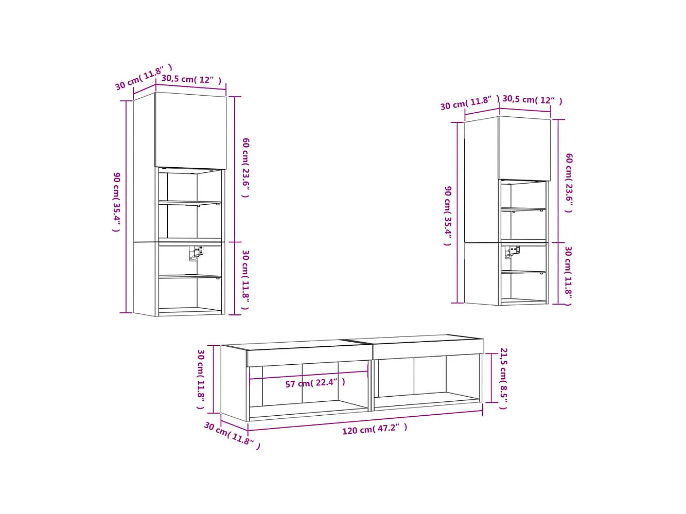 Unités murales TV avec LED 6 pcs gris béton bois d'ingénierie